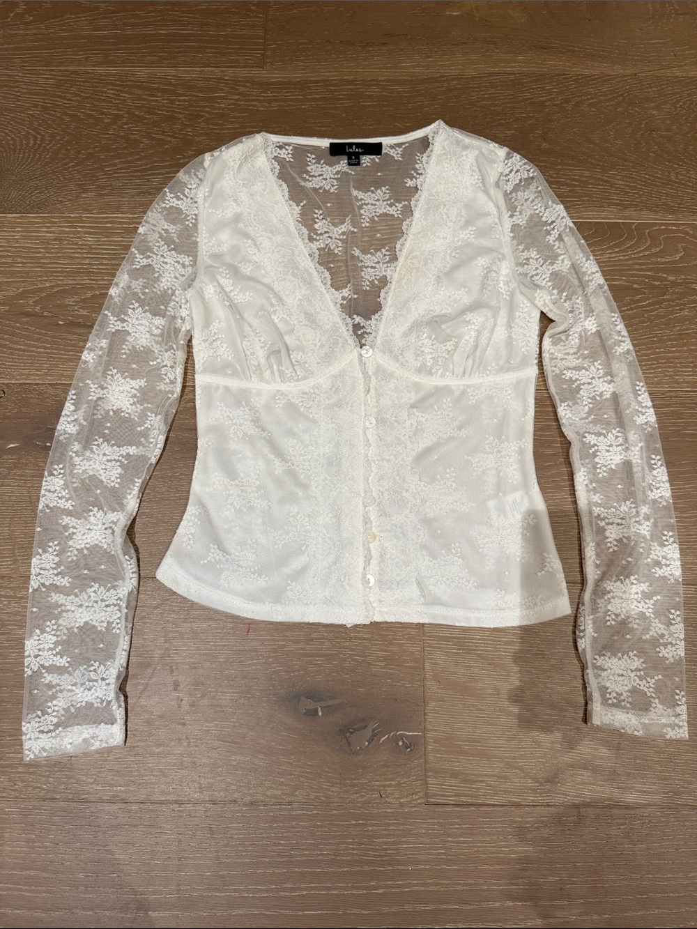 Lulu's Ivory Lace Button-Front Sheer Long Sleeve Top- size small